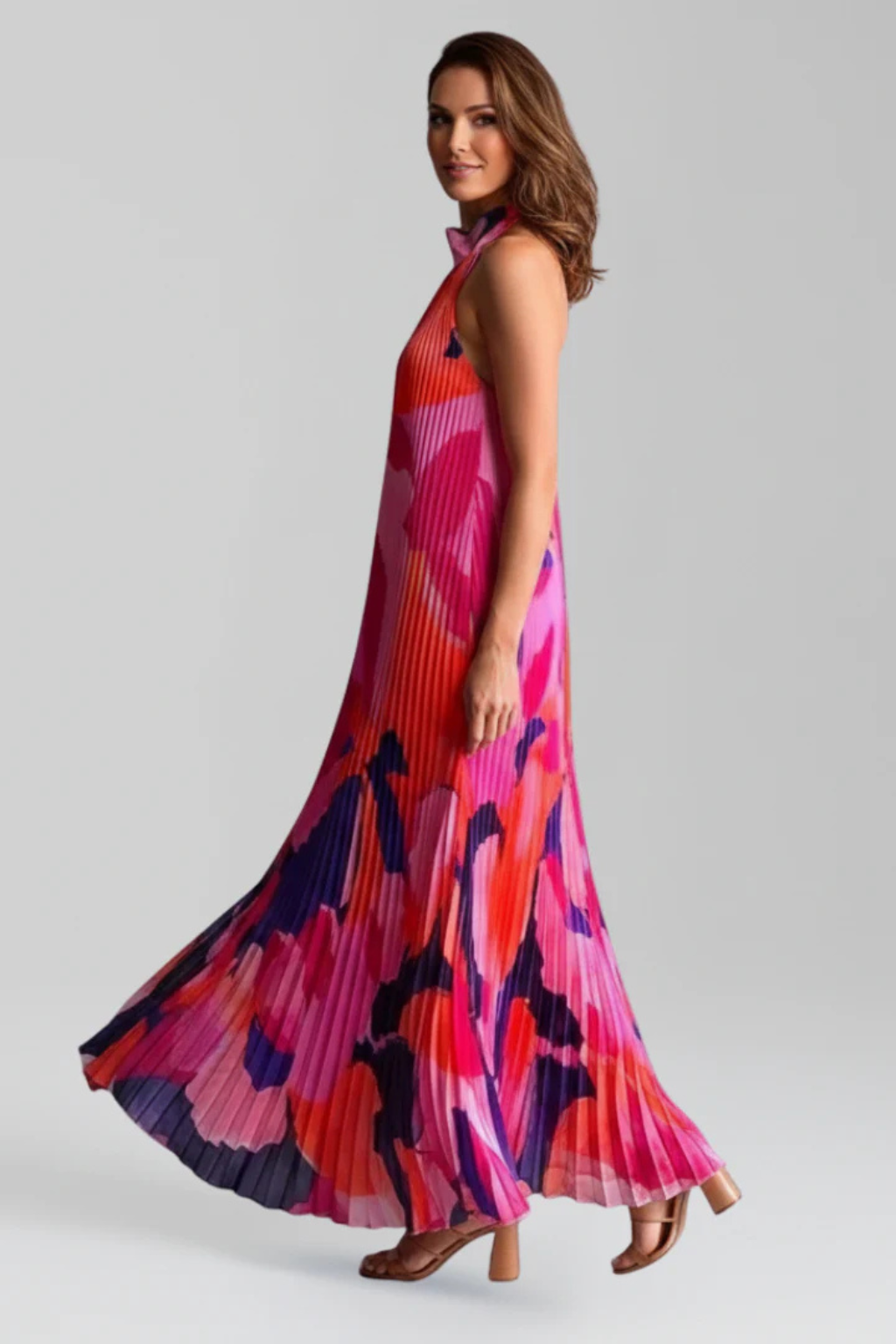 Printed Pleated Halter Neck Maxi Dress with Front Keyhole Detail Evening Gown