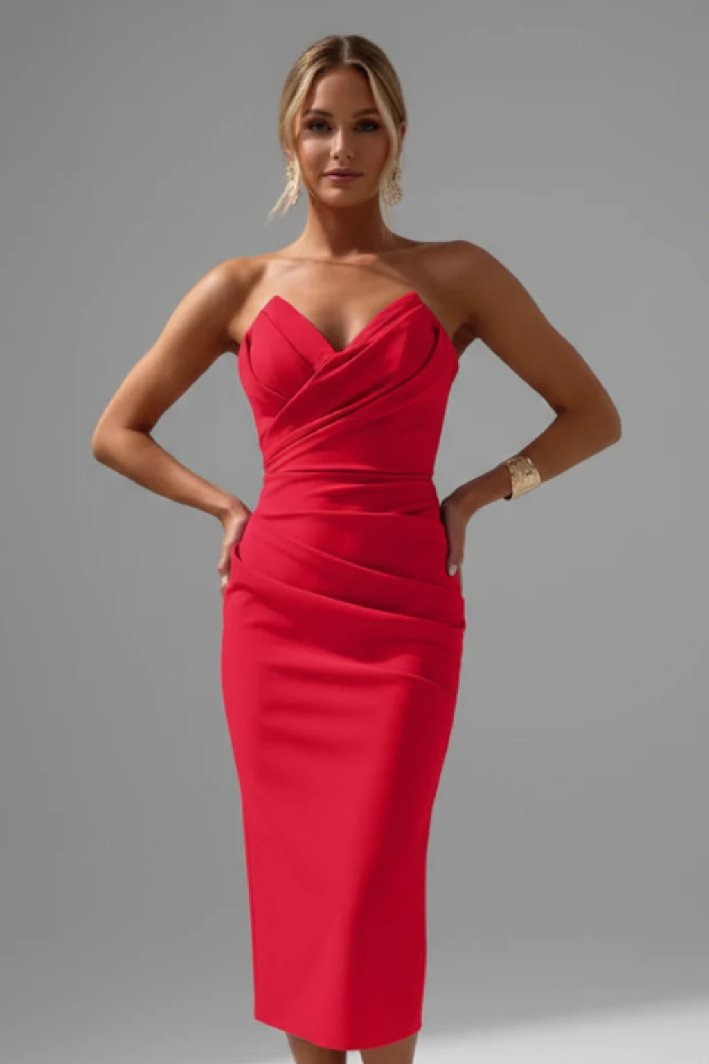 Strapless Sweetheart Neckline Ruched Midi Dress with Fitted Bodice for Women