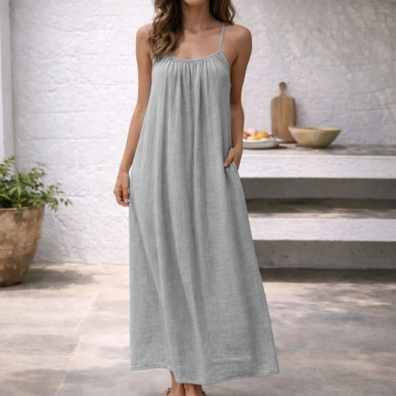 Linen Cotton Maxi Dress Adjustable Spaghetti Strap Open Back Sleeveless Casual Sundress
