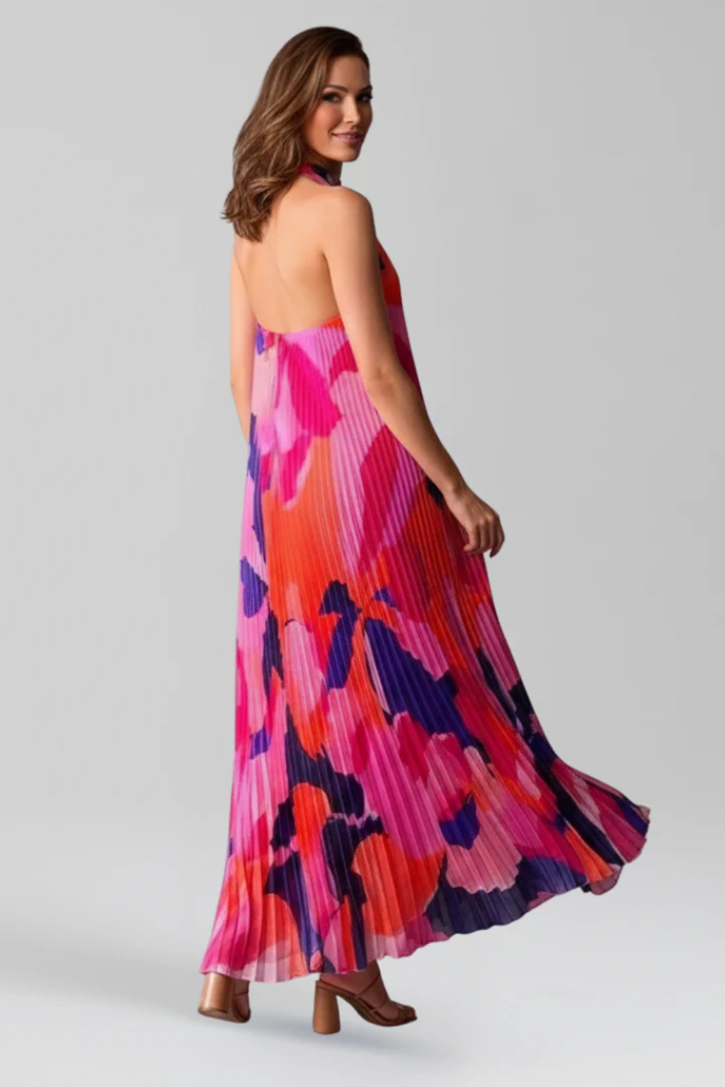 Printed Pleated Halter Neck Maxi Dress with Front Keyhole Detail Evening Gown