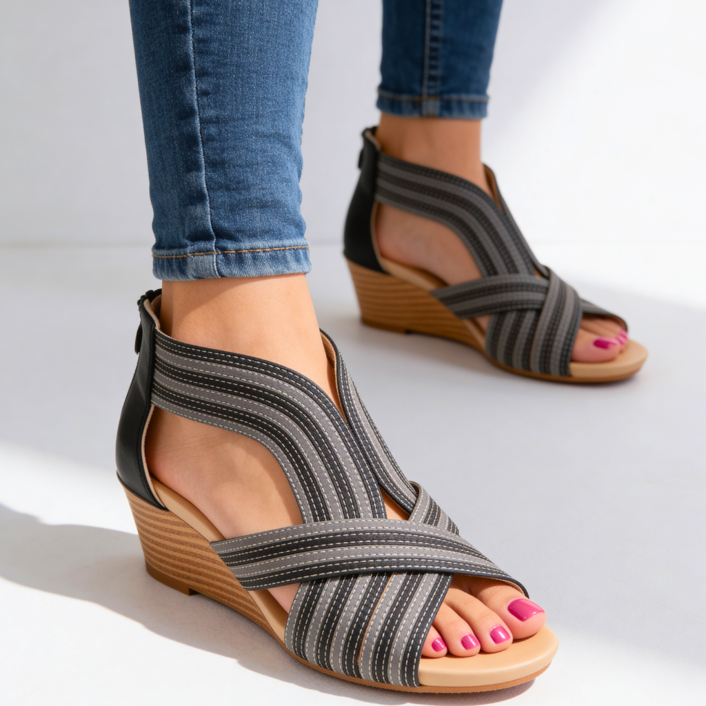Women's Wedge Sandals Leather Criss Cross Striped Peep Toe Cushioned Walking Shoes