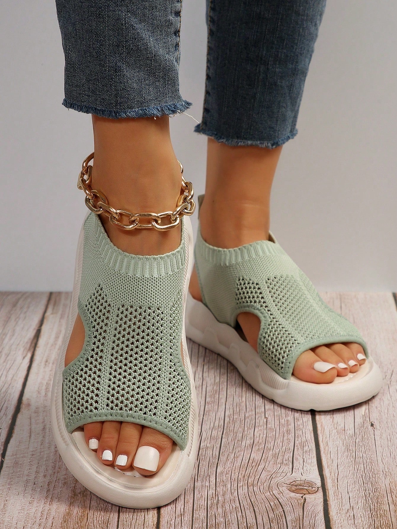 Women's Platform Sandals Open Toe Knit Mesh Slip On Lightweight Casual Walking Shoes