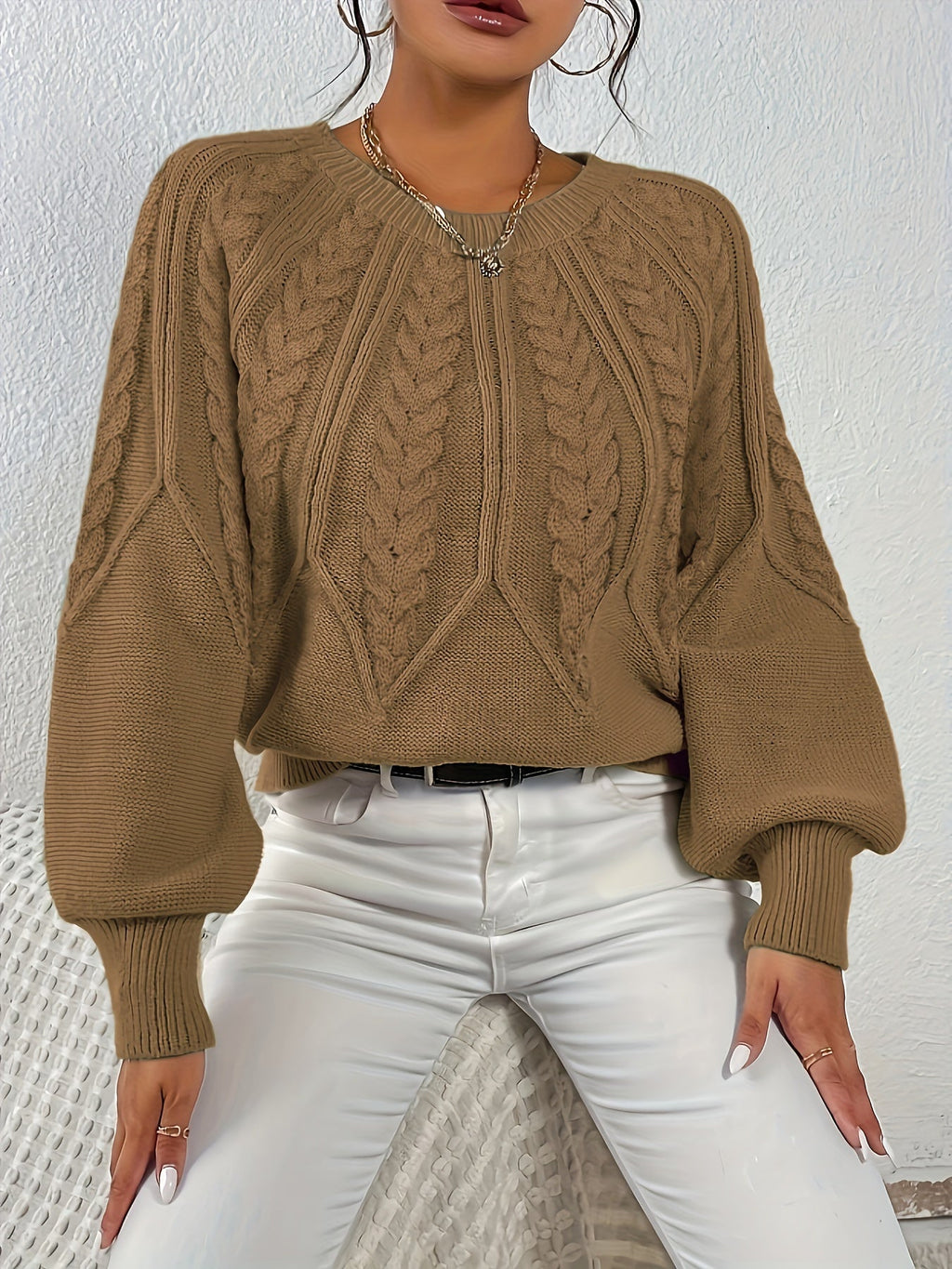 Women's Cable Knit Sweater with Relaxed Fit and Lantern Sleeves for Everyday Wear