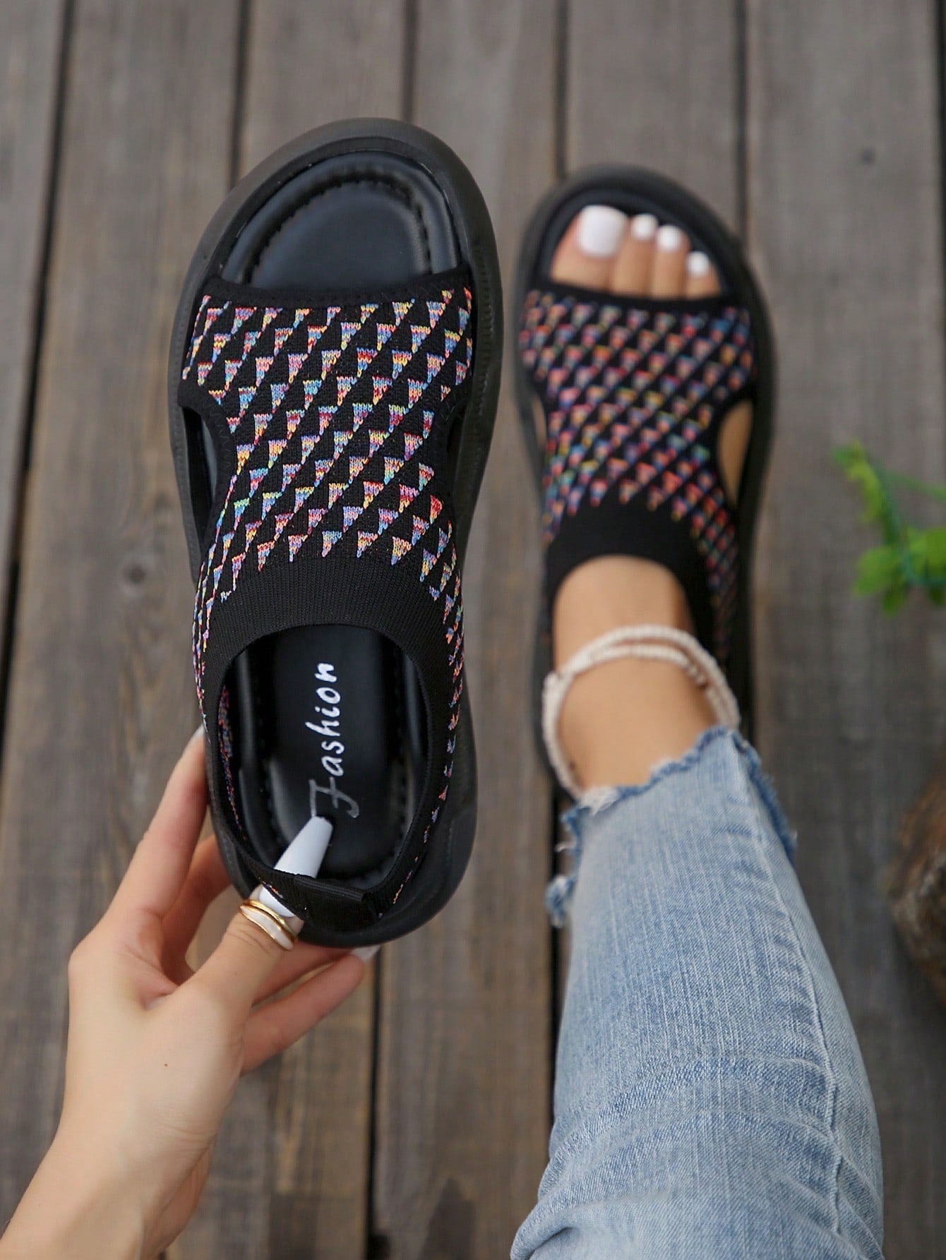 Women's Platform Sandals Open Toe Knit Mesh Slip On Lightweight Casual Walking Shoes