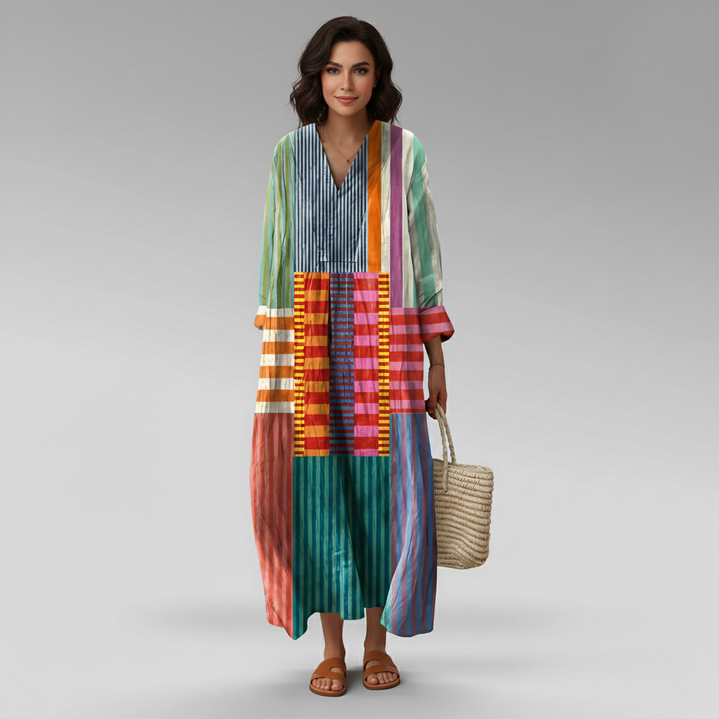 Geometric Print Long Sleeve Maxi Dress Caftan