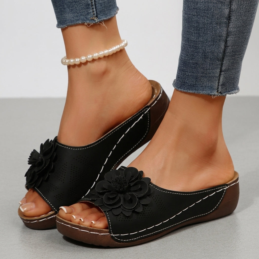 Women's Wedge Sandals Open Toe Floral Cushioned Platform Slip On Walking Shoes