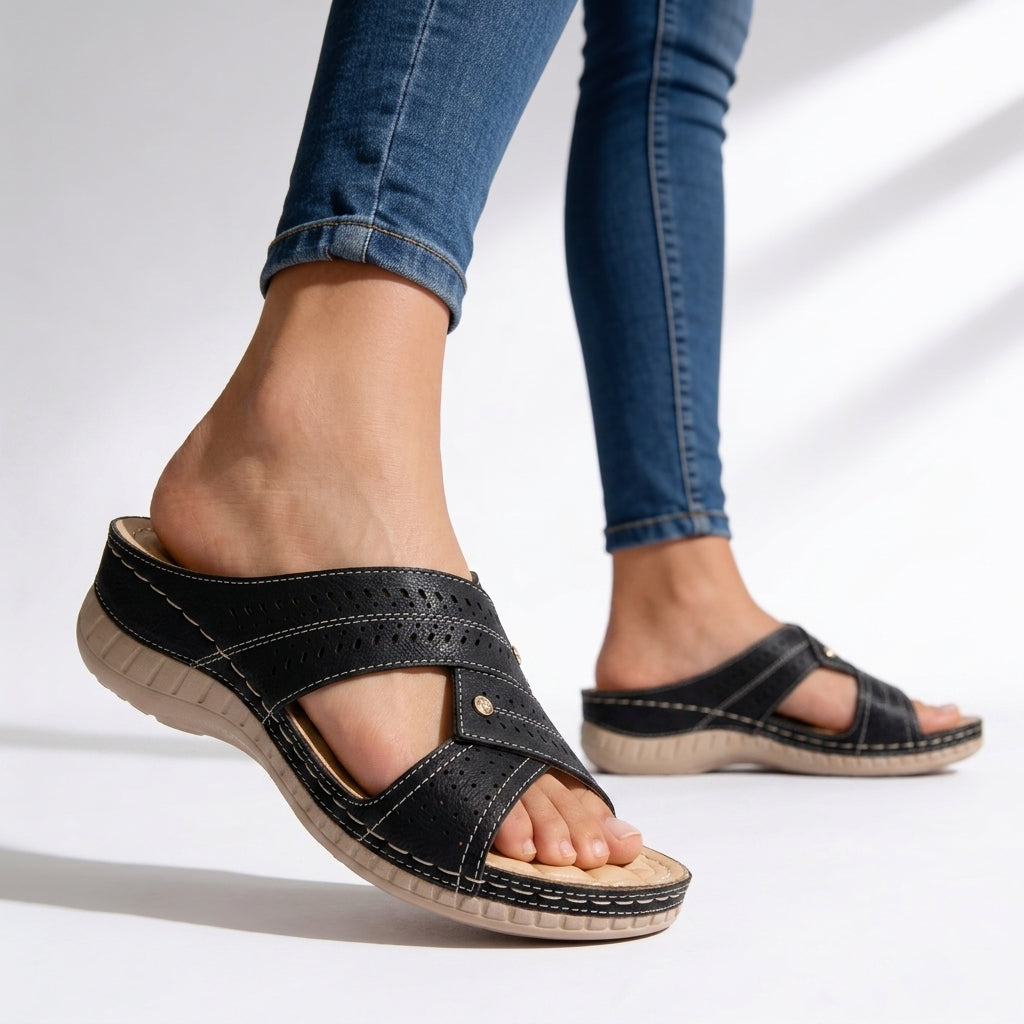 Women's Wedge Sandals Leather Crossover Peep Toe Slip On Cushioned Walking Shoes