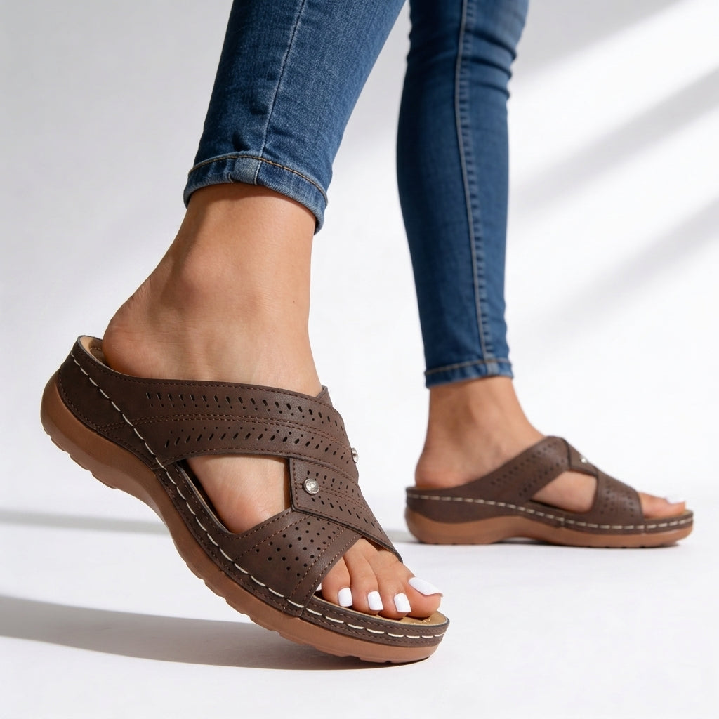 Women's Wedge Sandals Leather Crossover Peep Toe Slip On Cushioned Walking Shoes