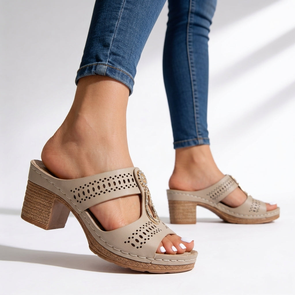 Women's Block Heel Sandals Leather T-Strap Rhinestone Cushioned Platform Walking Shoes