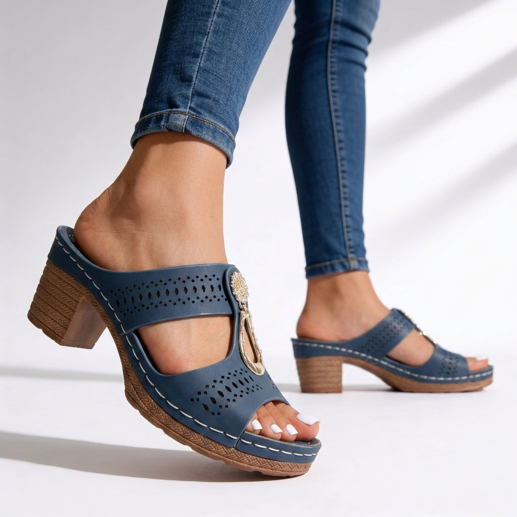 Women's Block Heel Sandals Leather T-Strap Rhinestone Cushioned Platform Walking Shoes
