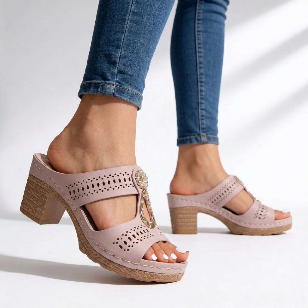Women's Block Heel Sandals Leather T-Strap Rhinestone Cushioned Platform Walking Shoes