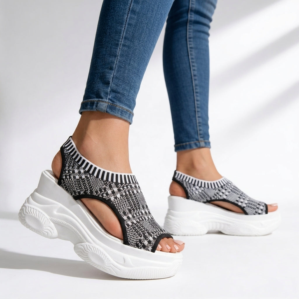 Women's Peep Toe Wedge Sandals Stretch Knit Mesh Platform Comfort Walking Shoes