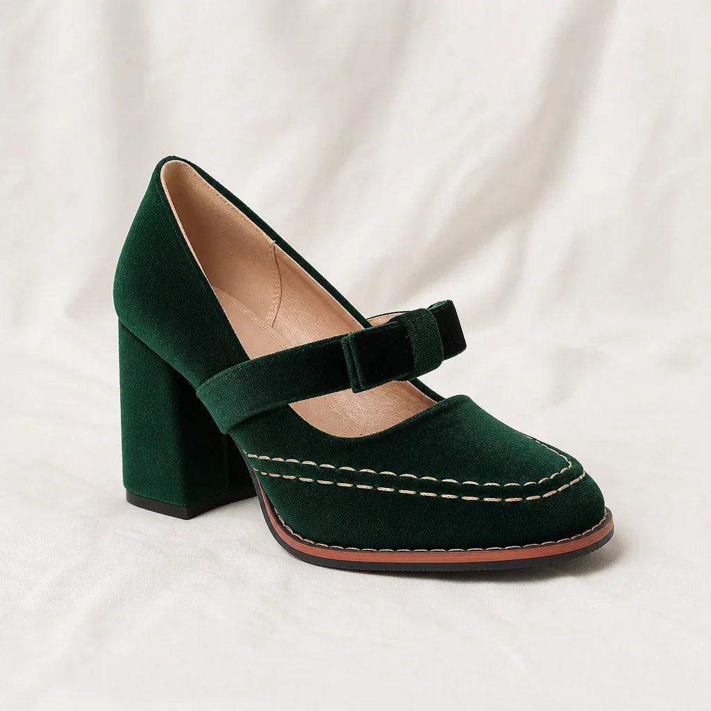 Women's velvet pumps - stable block heel loafers for events