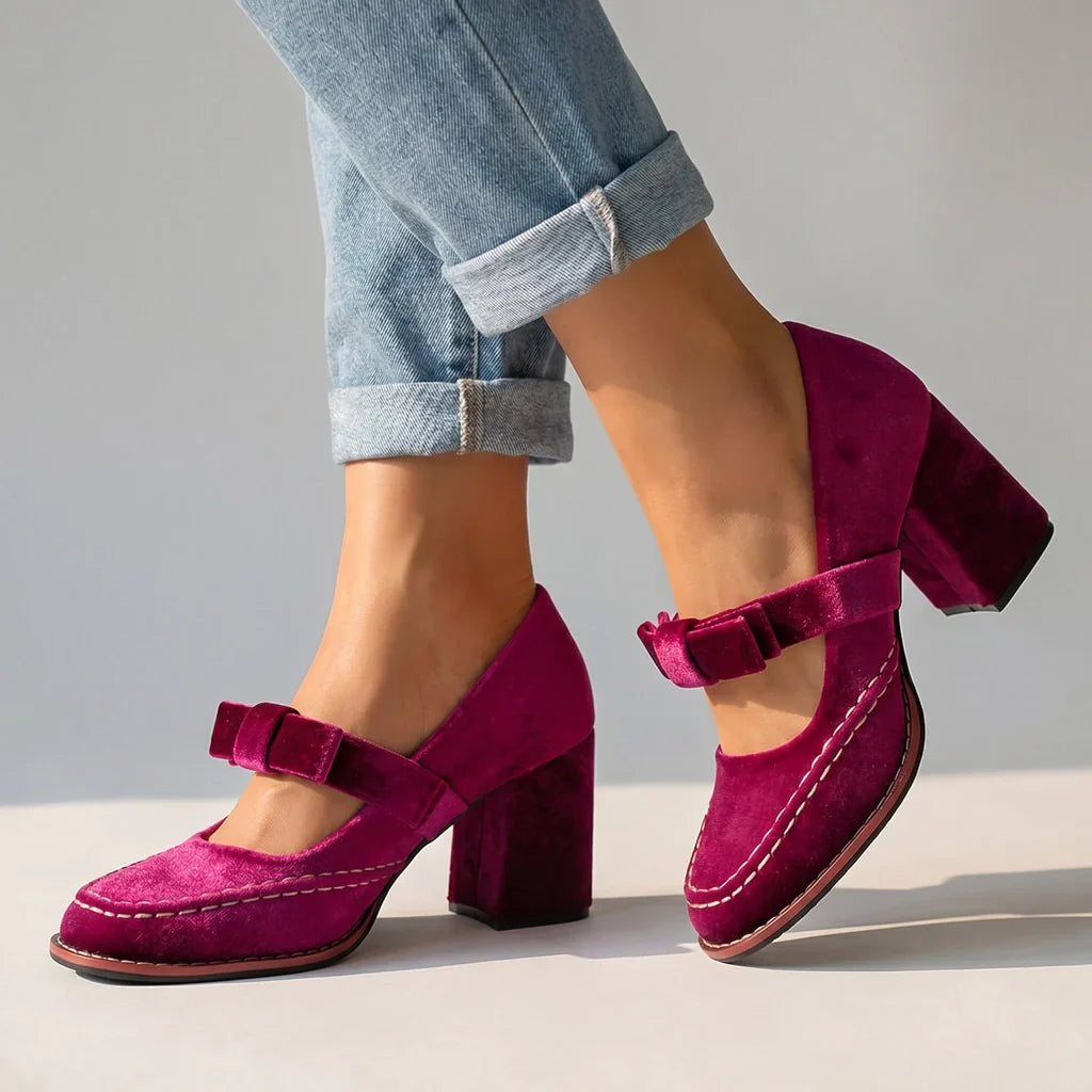 Women's velvet pumps - stable block heel loafers for events