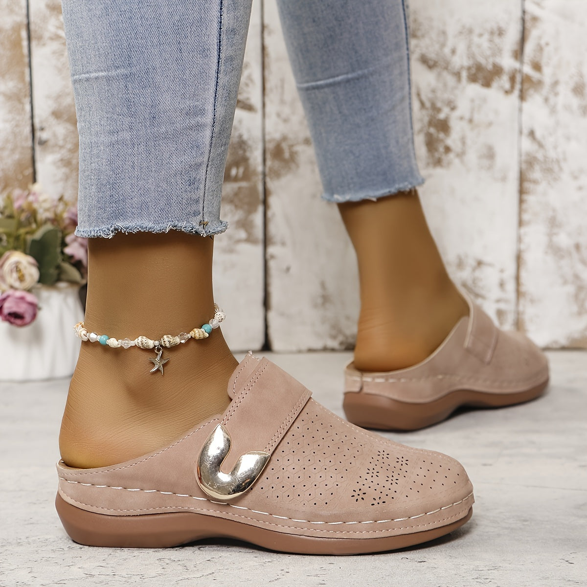 Comfort slippers — slip-on mules with a textured sole for indoor use