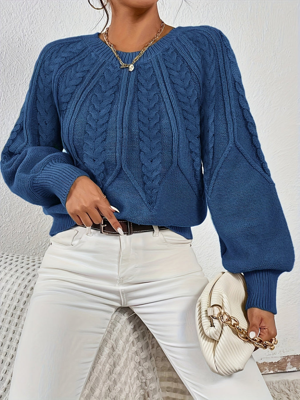 Women's Cable Knit Sweater with Relaxed Fit and Lantern Sleeves for Everyday Wear