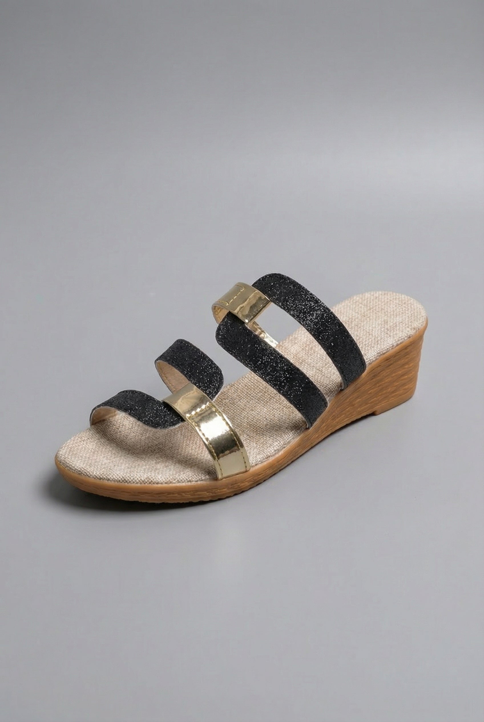 Women's Wedge Slide Sandals Triple Parallel Straps Glitter Detail Open Toe Shoes