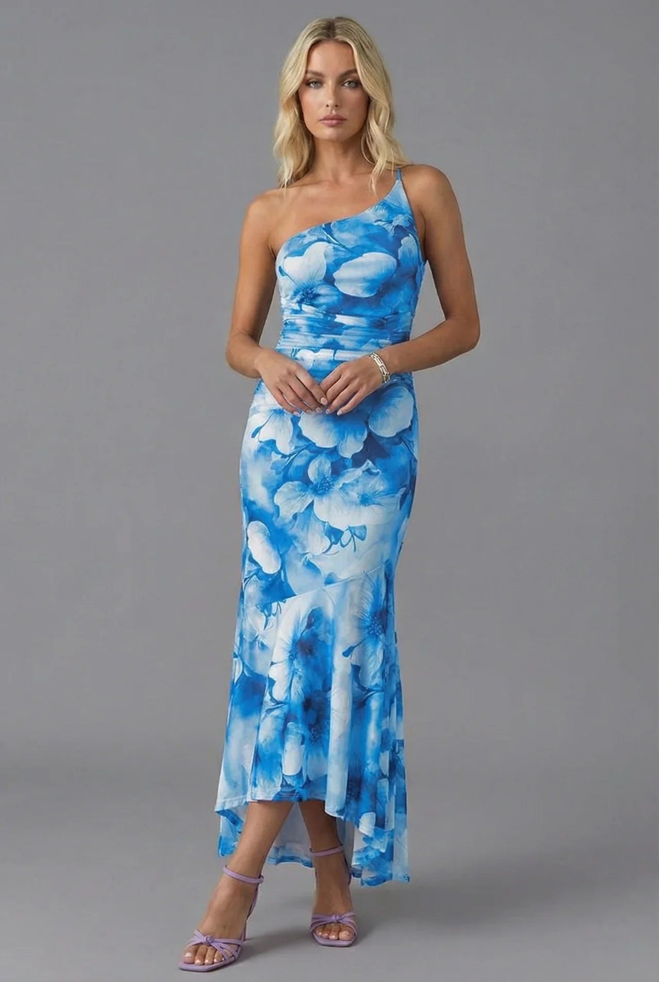 One Shoulder Floral Maxi Dress Ruched Bodycon Fishtail Hem Evening Formal Gown