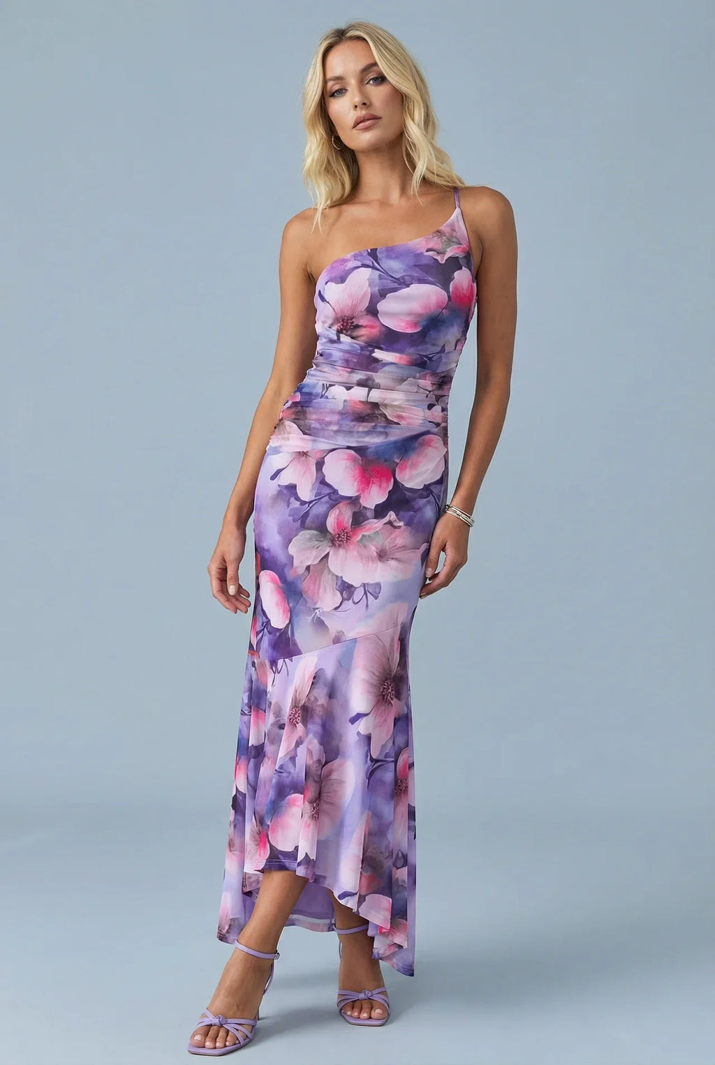 One Shoulder Floral Maxi Dress Ruched Bodycon Fishtail Hem Evening Formal Gown
