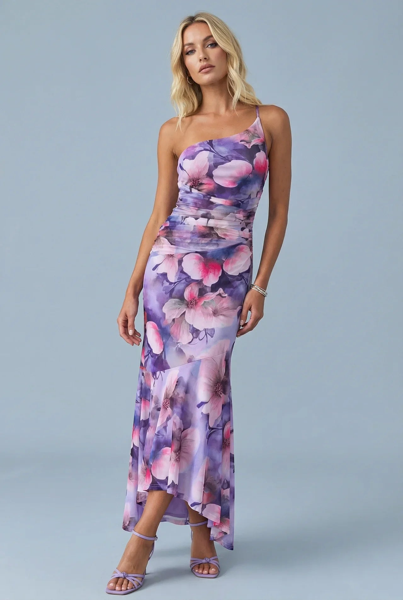 One Shoulder Floral Maxi Dress Ruched Bodycon Fishtail Hem Evening Formal Gown