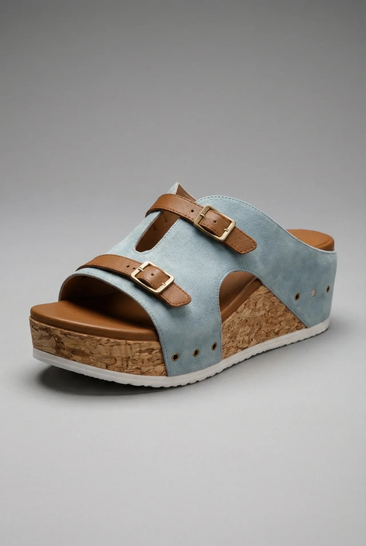 Women's Cork Platform Sandals Double Buckle Strap Wedge Open Toe Fashion Footwear