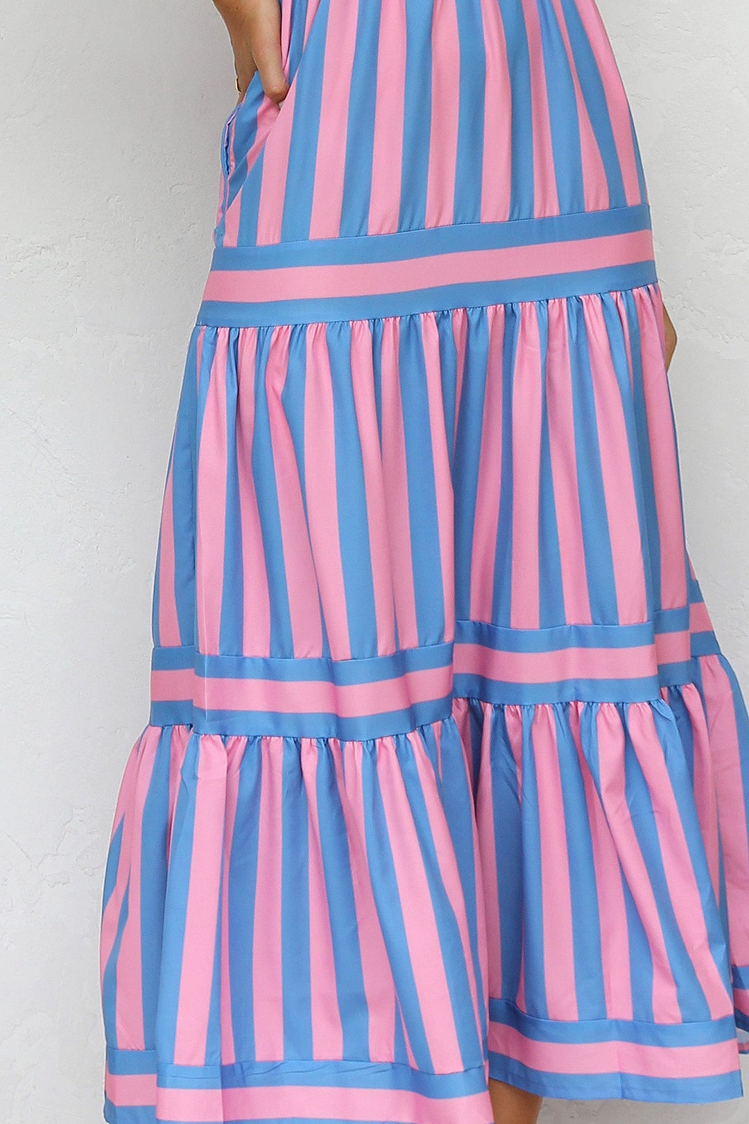 Tiered Striped Spaghetti Strap Maxi Dress
