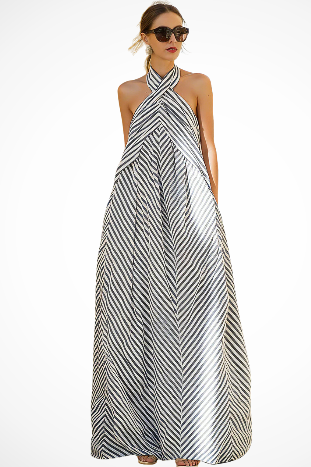 Striped Halter Neck Maxi Dress Relaxed Fit Sleeveless Flowing A-Line Sundress
