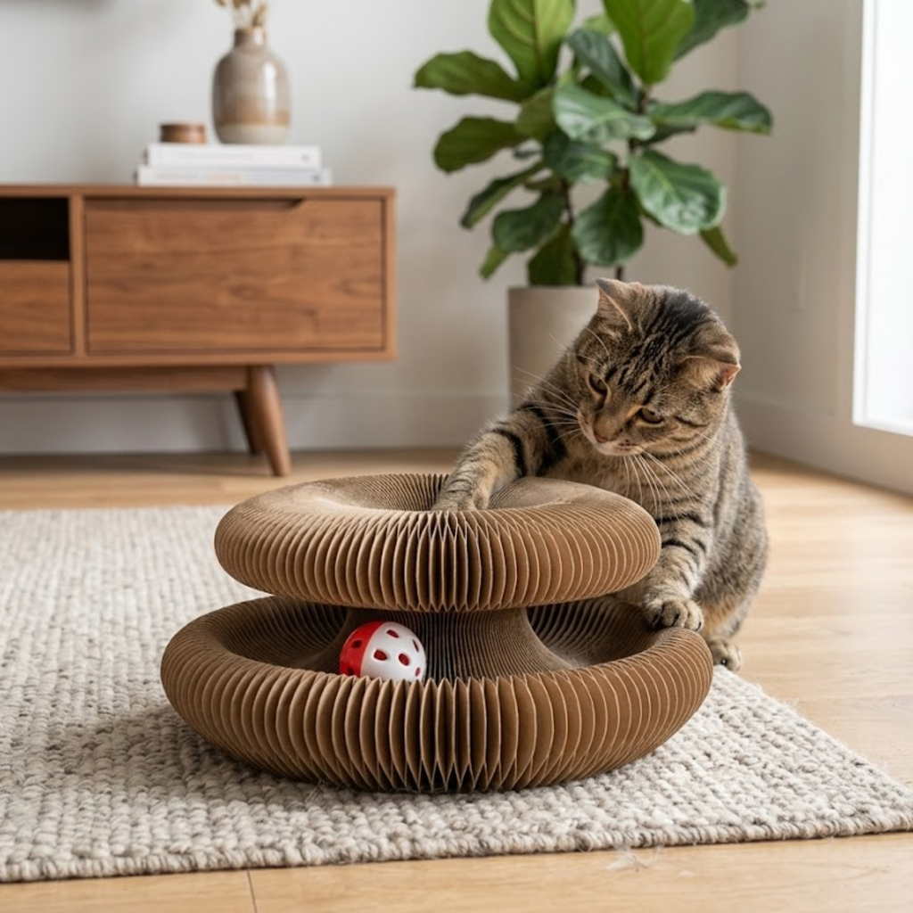Foldable Accordion Cat Scratcher Cardboard Toy with Integrated Bell and Catnip