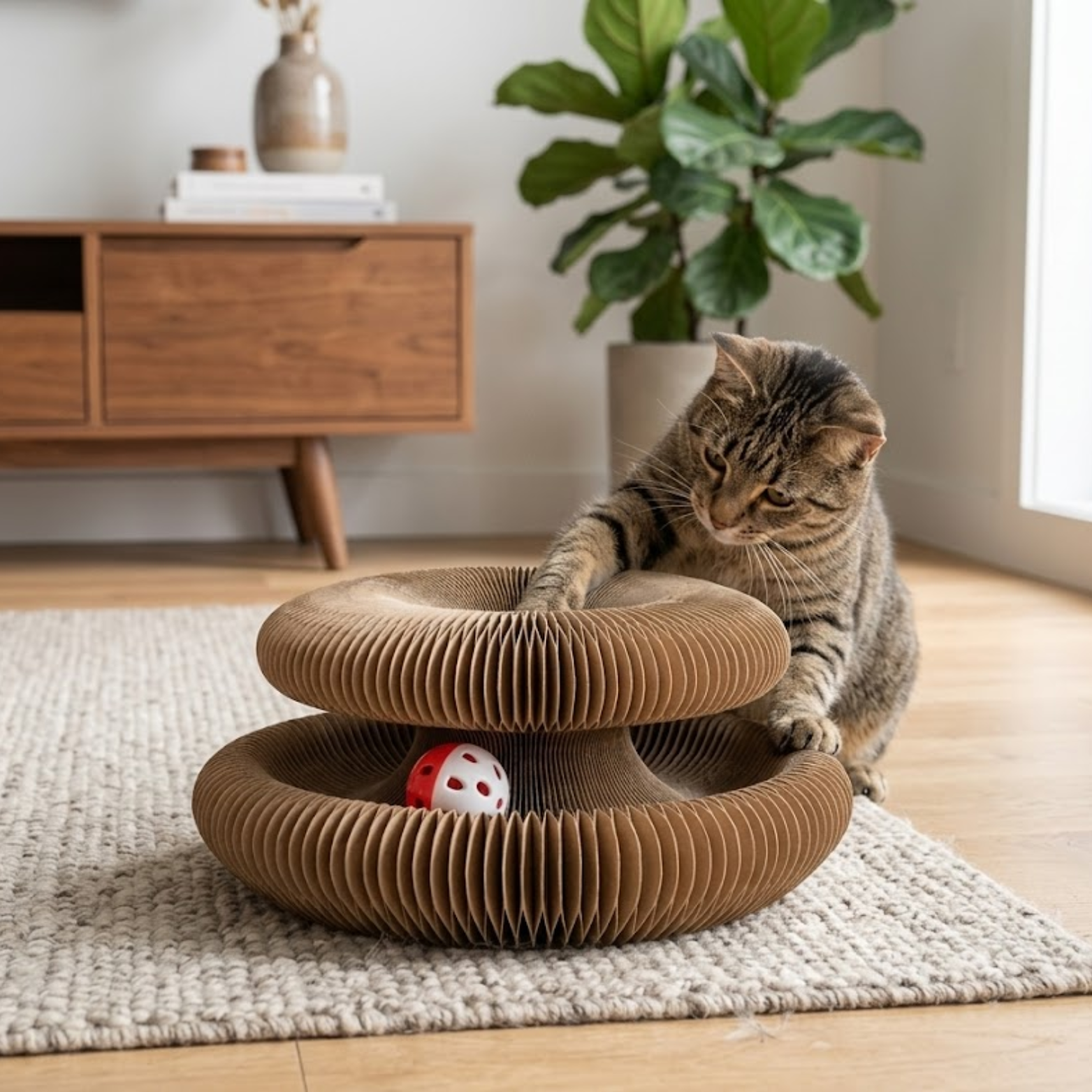 Foldable Accordion Cat Scratcher Cardboard Toy with Integrated Bell and Catnip