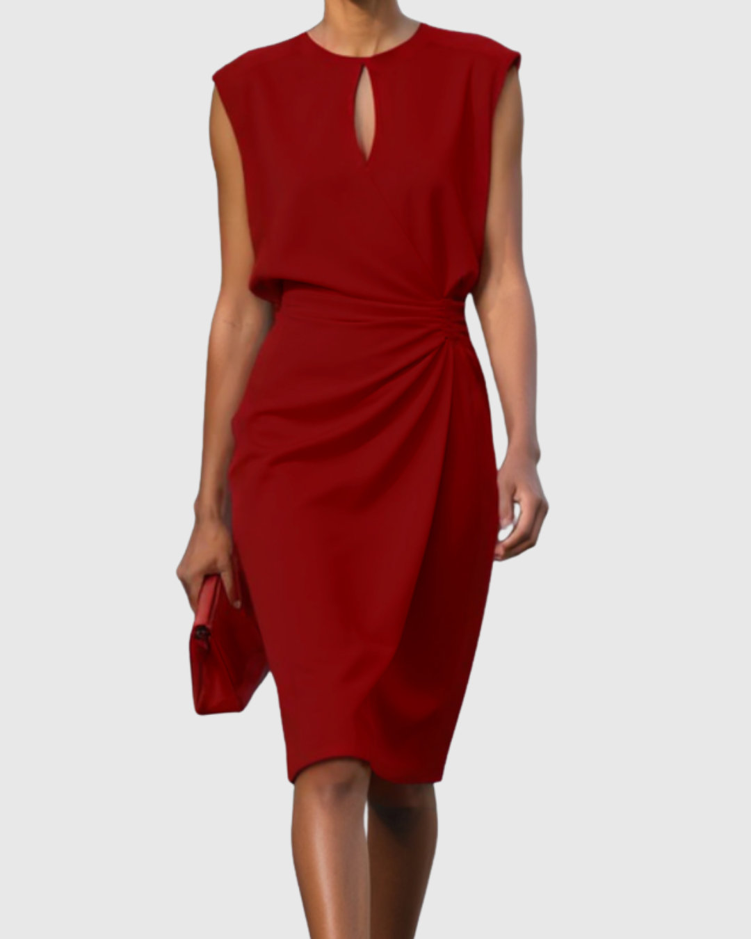 Sleeveless midi dress | fitted side-gather work dress