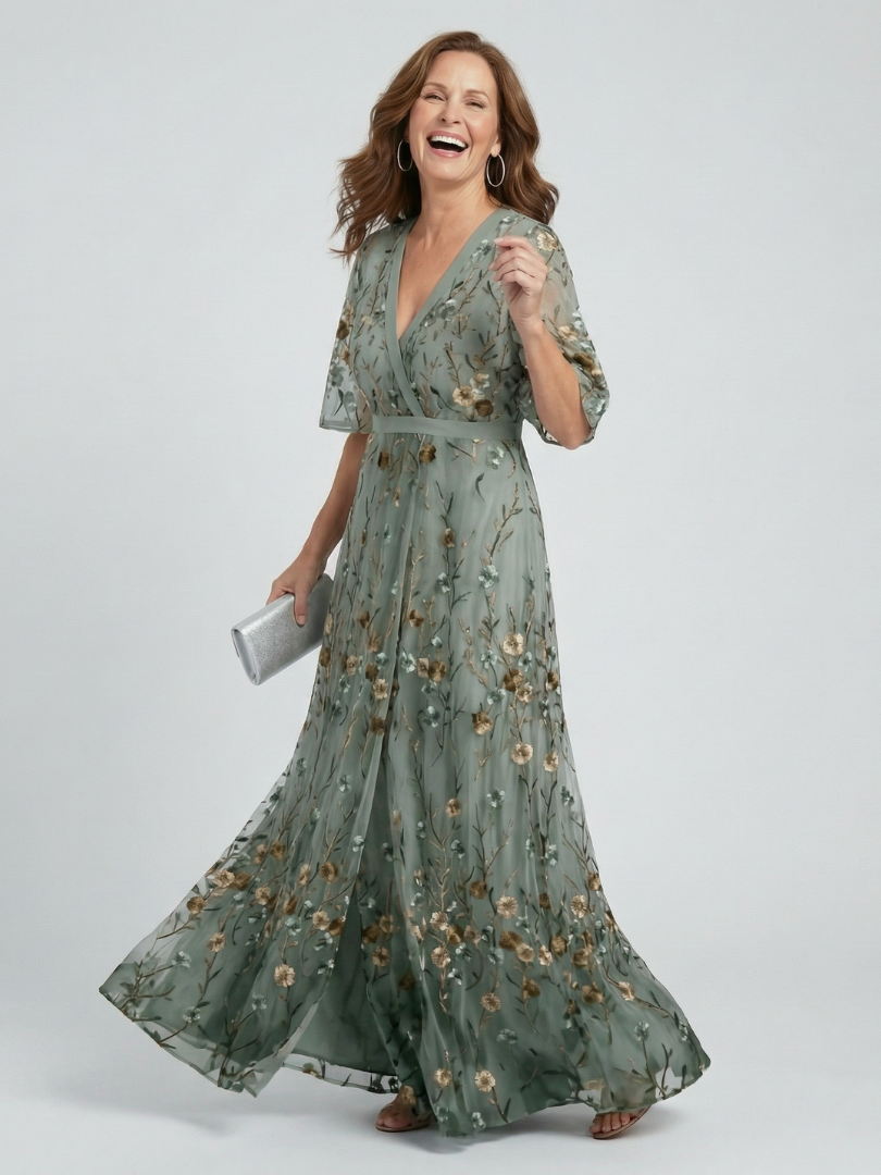 Floral Embroidered V-Neck Maxi Dress