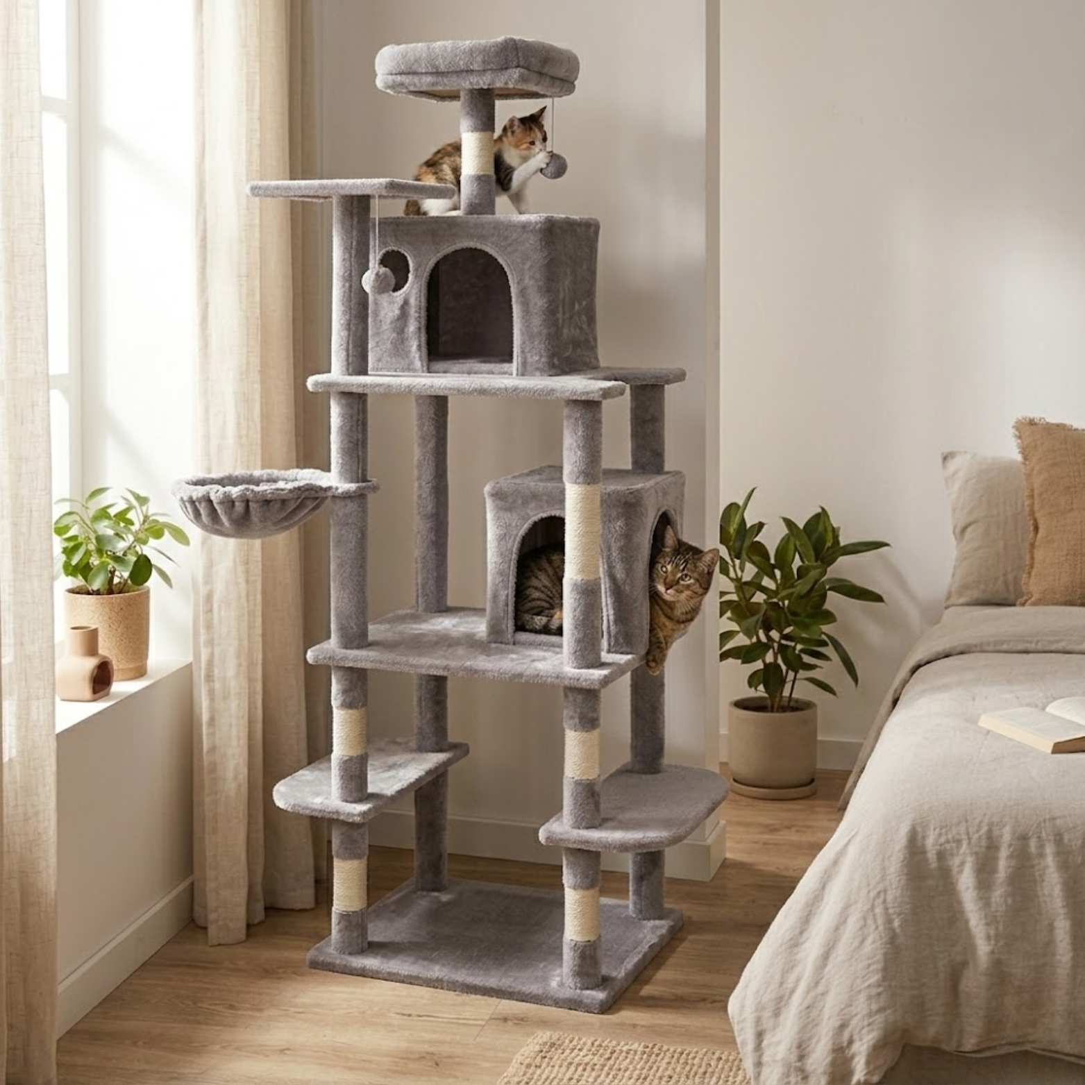 Cat Tree Tower for Indoor Cats with Sisal Scratching Post Condo Hammock and Perch
