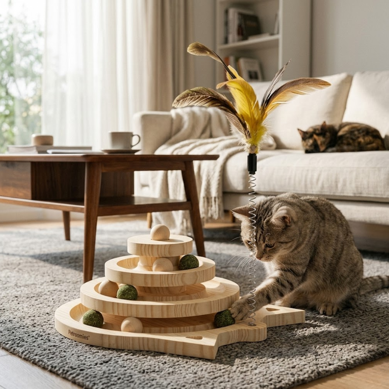Wooden Cat Toy Tower with Interactive Track Balls and Feather Wand Attachment
