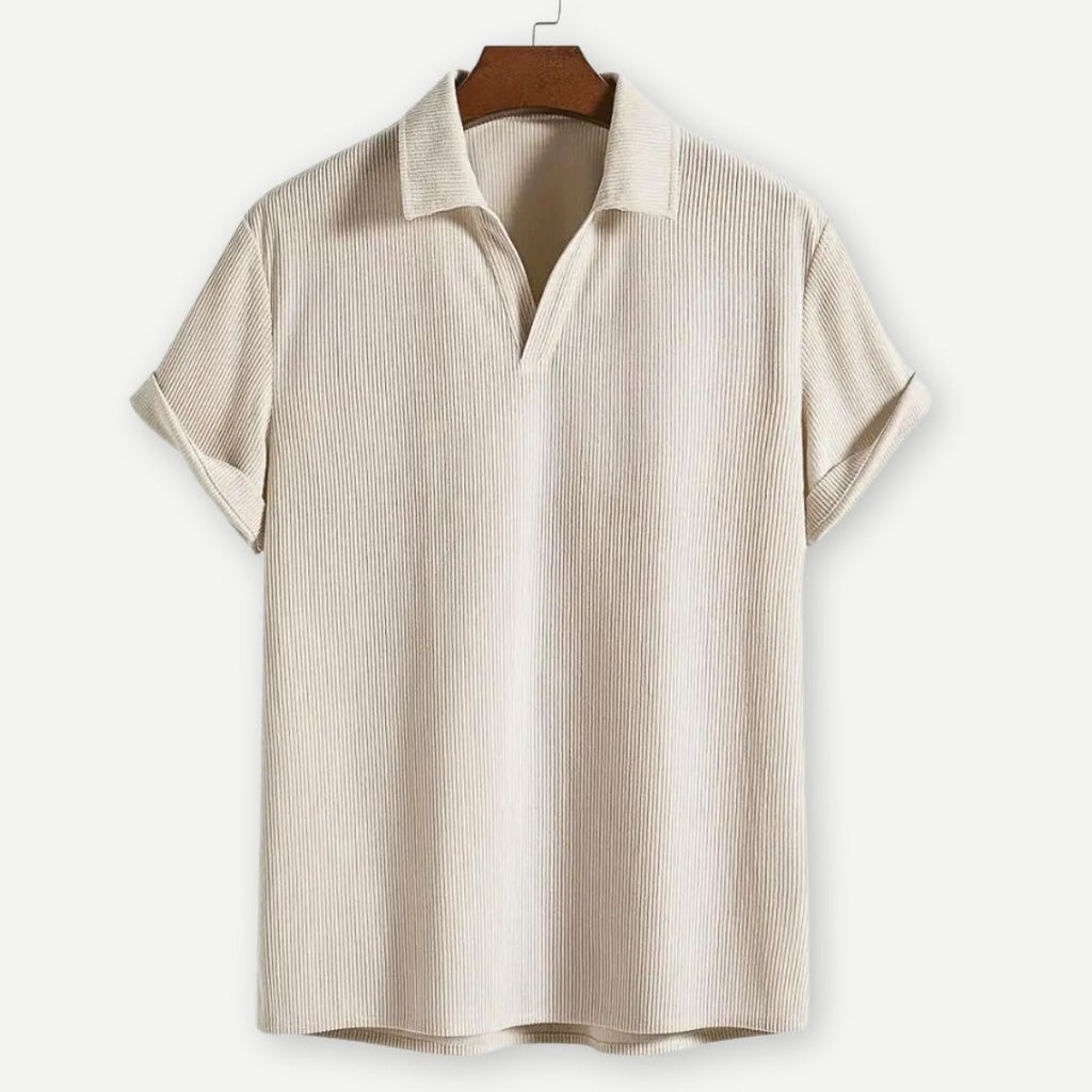 Men's short sleeve polo — ribbed texture open collar — daily casual style