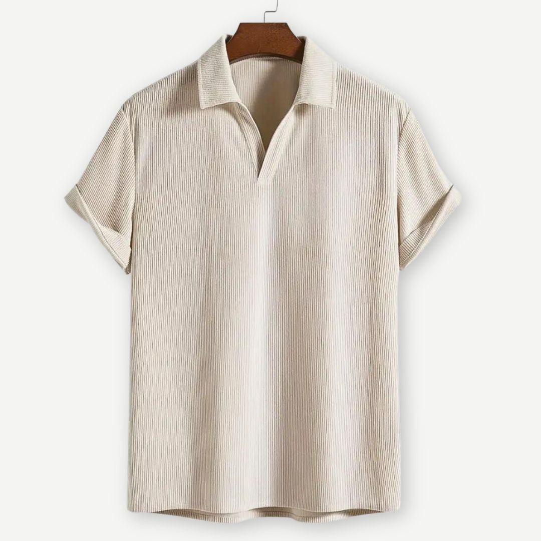 Men's short sleeve polo — ribbed texture open collar — daily casual style