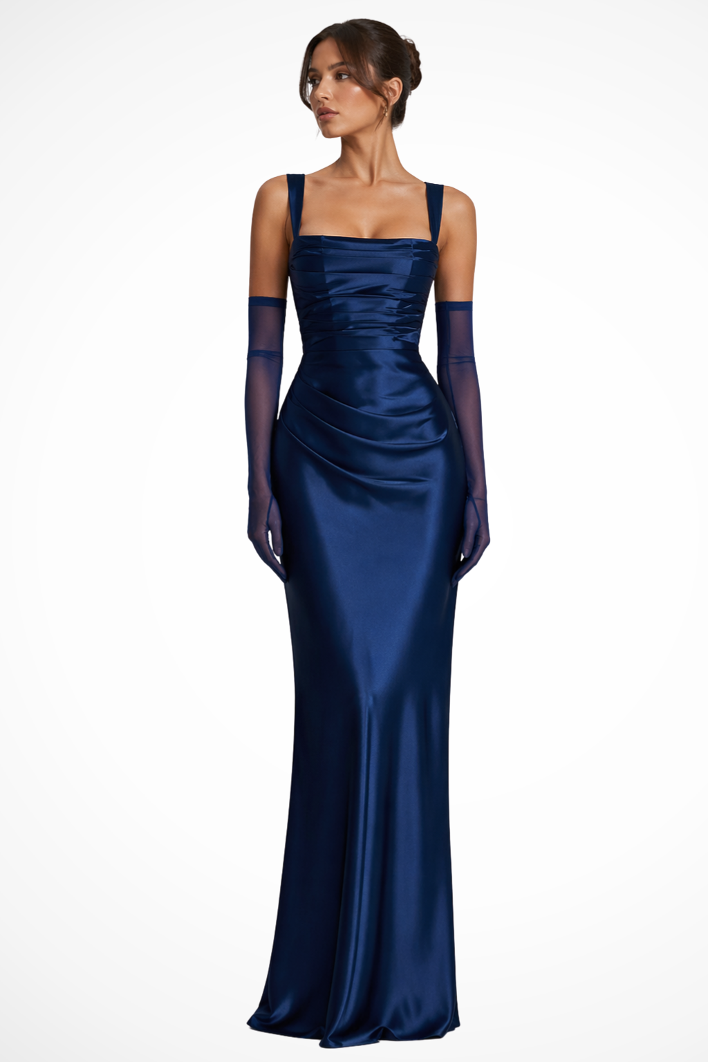 Square Neck Satin Maxi Dress Formal Wedding Guest Gown with Gloves and Choker
