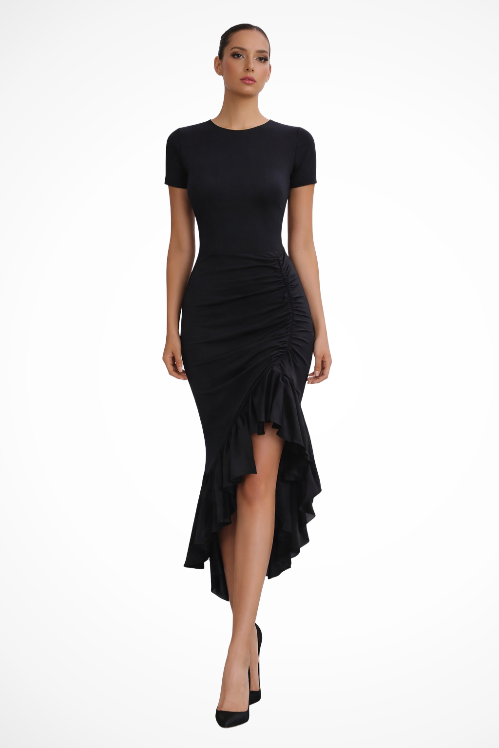 Short Sleeve Ruched Asymmetric Ruffle High-Low Wedding Guest Maxi Dress