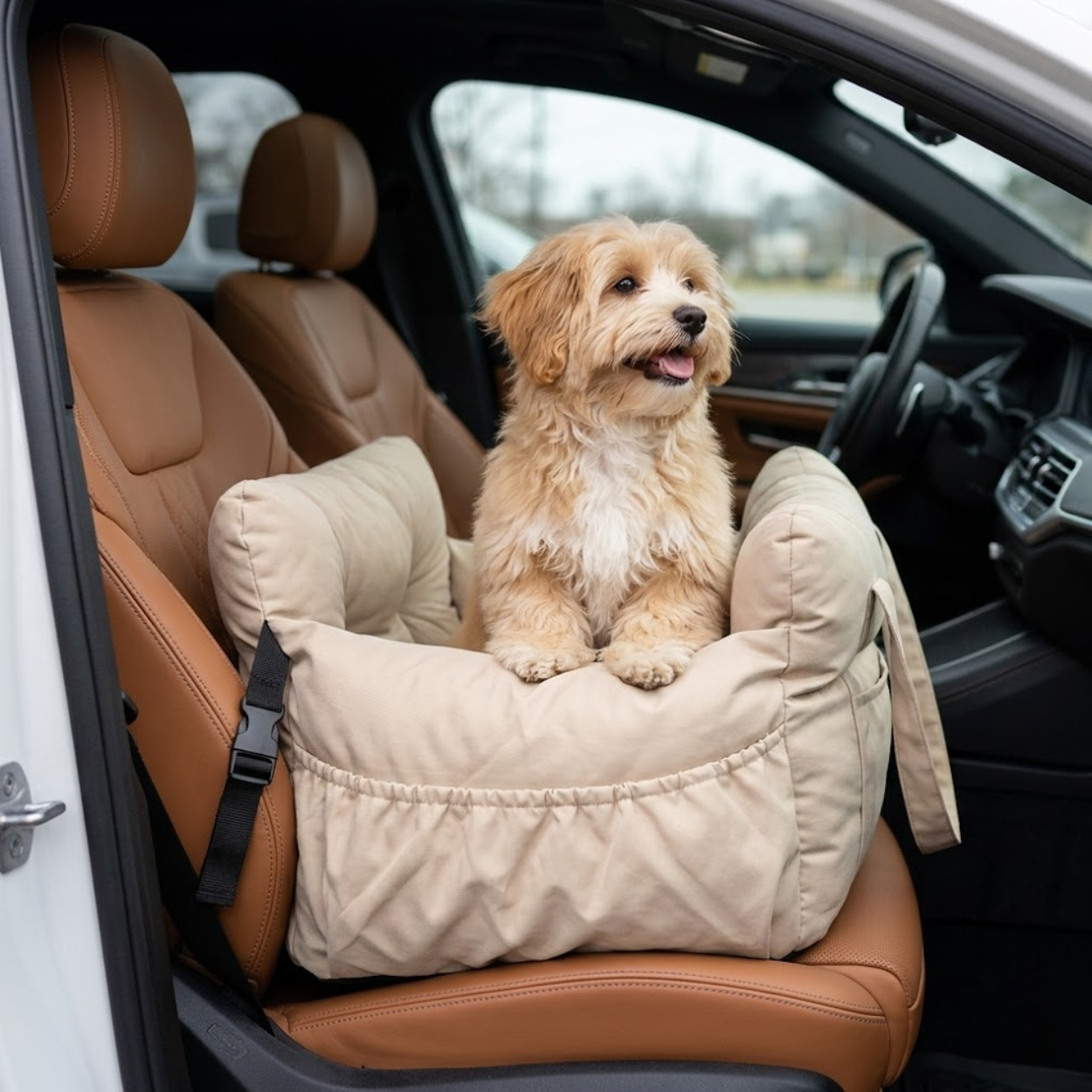 Dog Car Seat Bed with Safety Belt and Secure Straps for Travel
