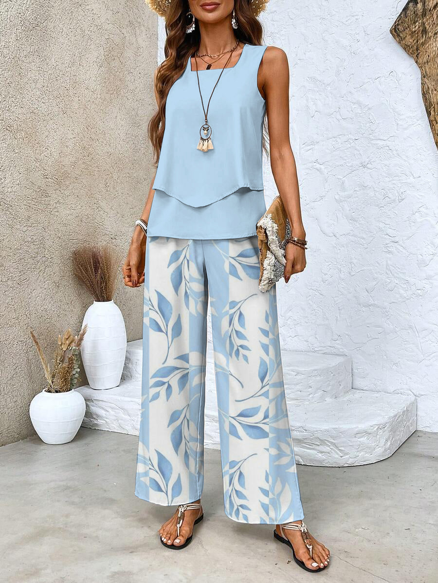 Women's matching set - sleeveless top wide leg trousers resort holiday