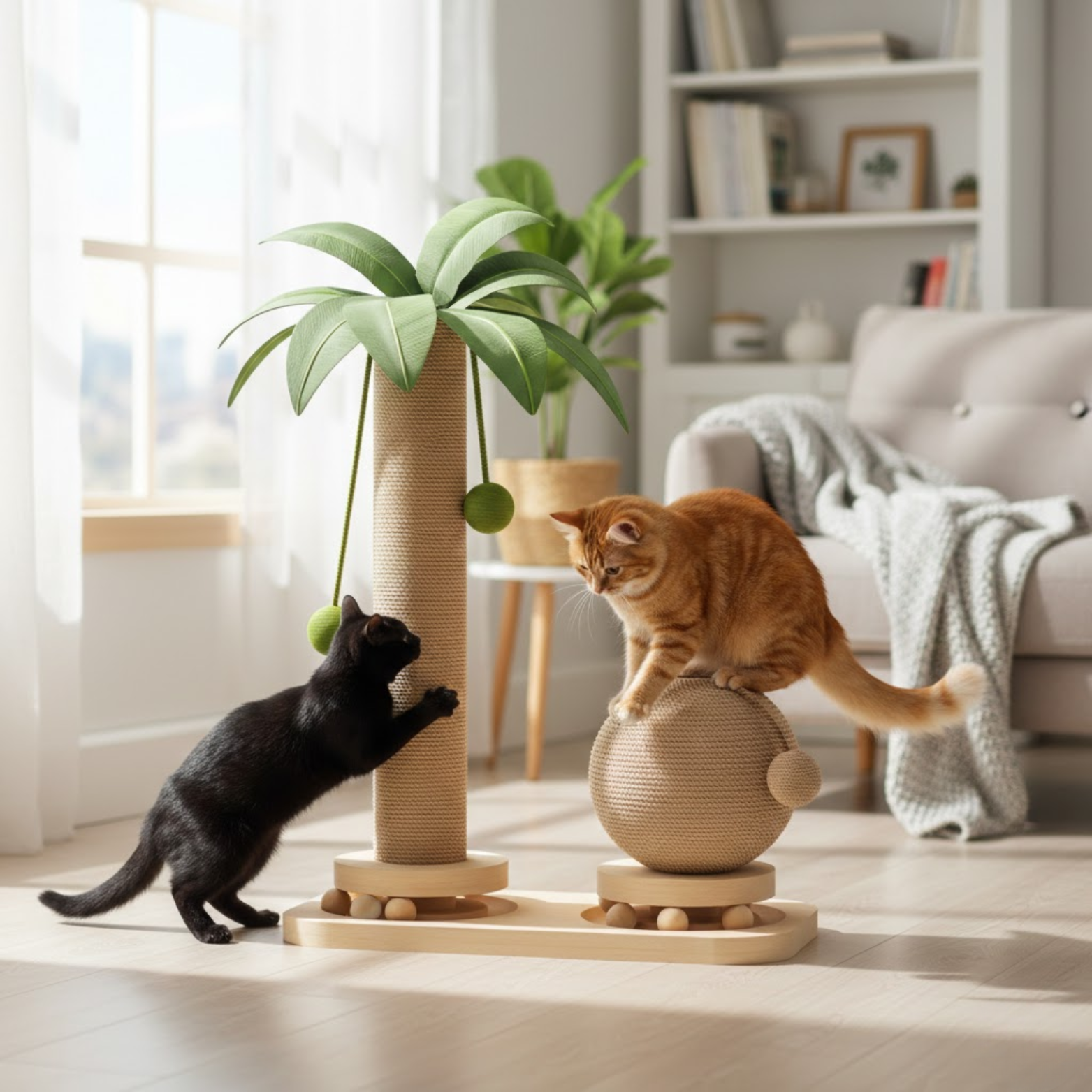 Coconut Tree Cat Scratching Post with Sisal Rope Solid Wood Base and Hanging Balls