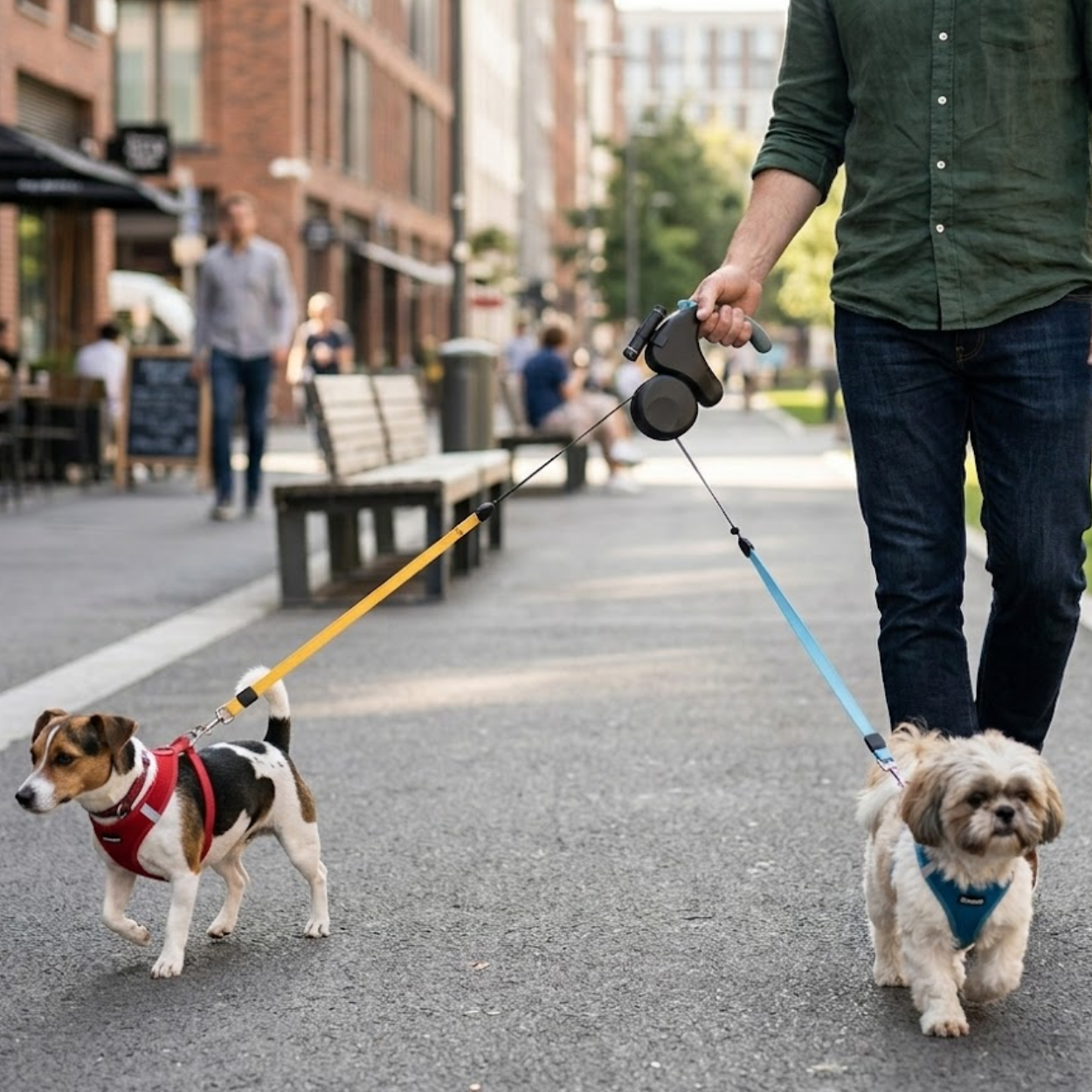 Retractable Double Dog Leash with 360 Degree Rotation and Integrated LED Flashlight