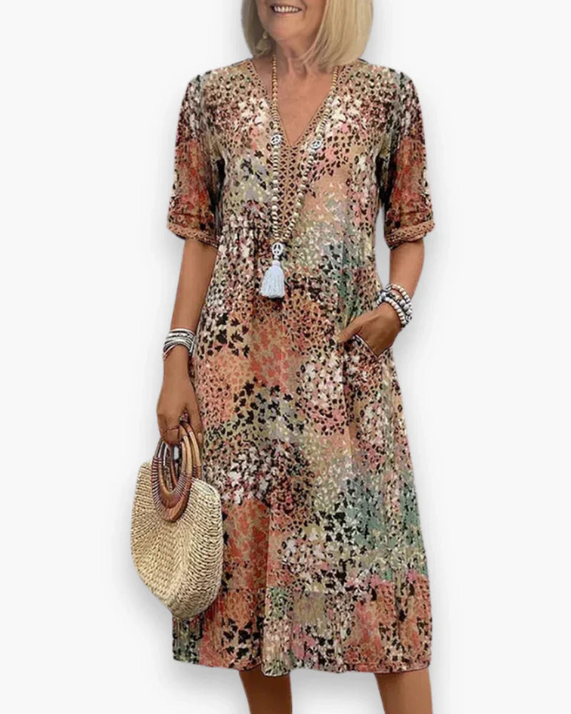 Floral Midi Dress with V-Neck and Half Sleeves for Women