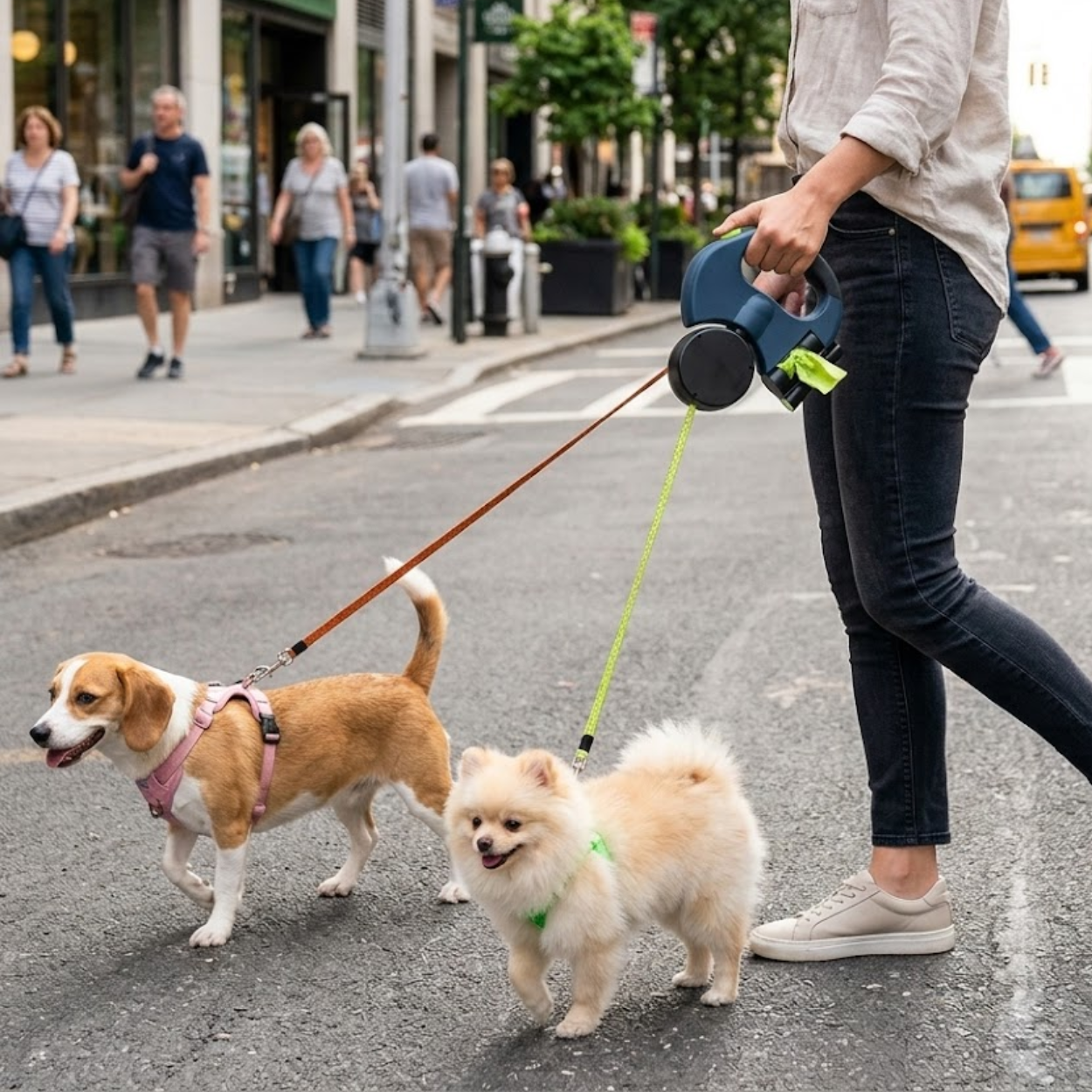 Retractable Double Dog Leash with LED Flashlight and Integrated Waste Bag Dispenser
