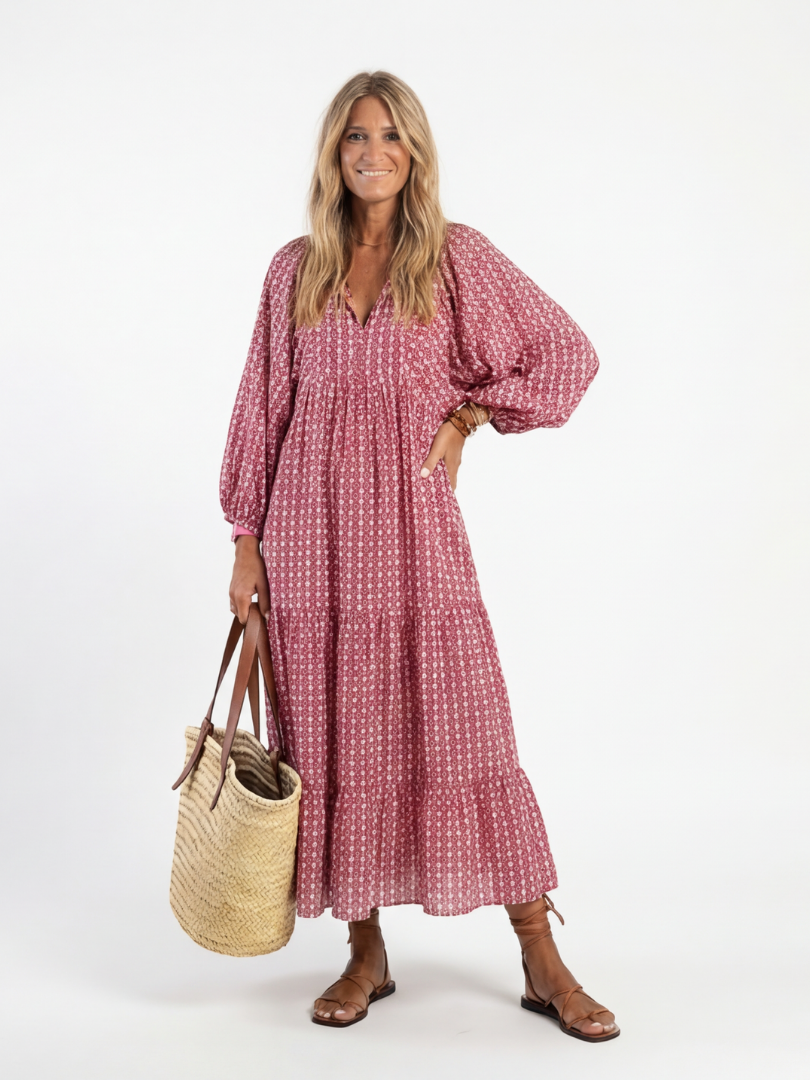 Geometric Print Long Sleeve Maxi Dress