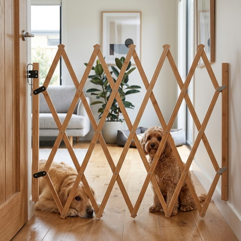 Retractable Wood Pet Gate Expandable Safety Fence for Dogs Stairs and Doorways