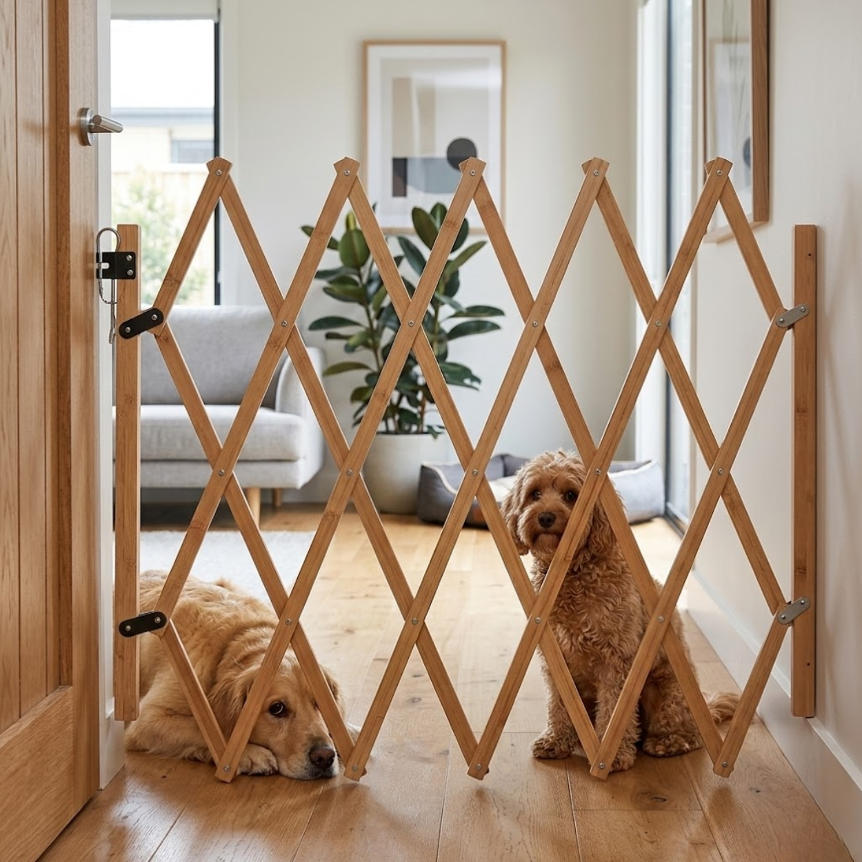 Retractable Wood Pet Gate Expandable Safety Fence for Dogs Stairs and Doorways