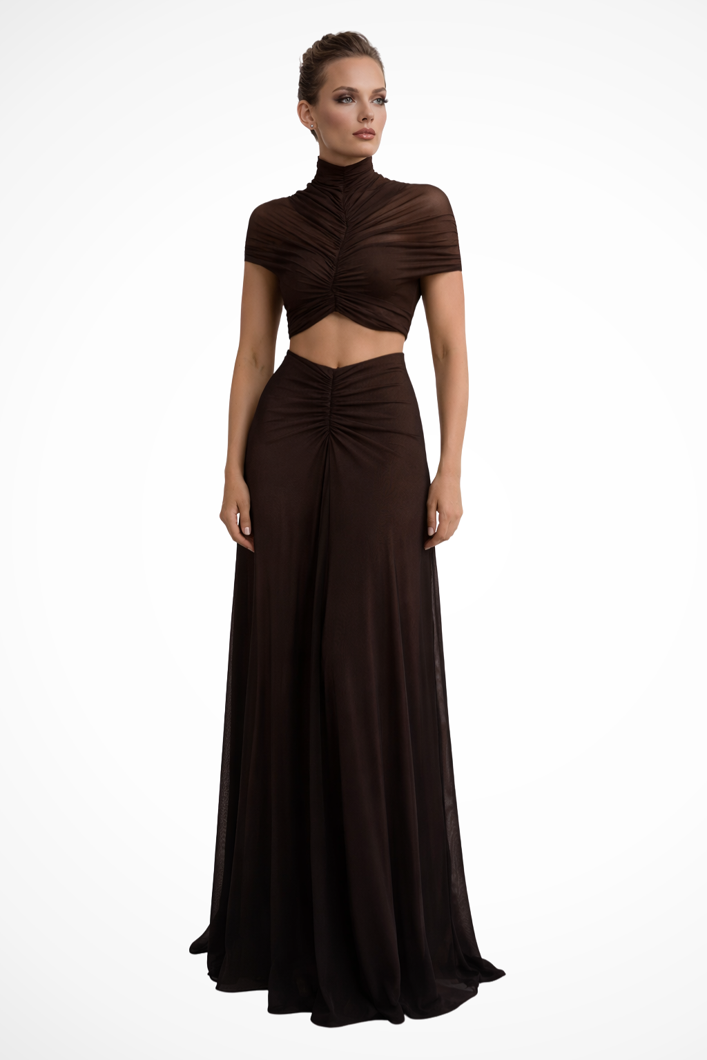 Short Sleeve High Neck Maxi Dress with Front Cut-Out and Ruched Waist Detail