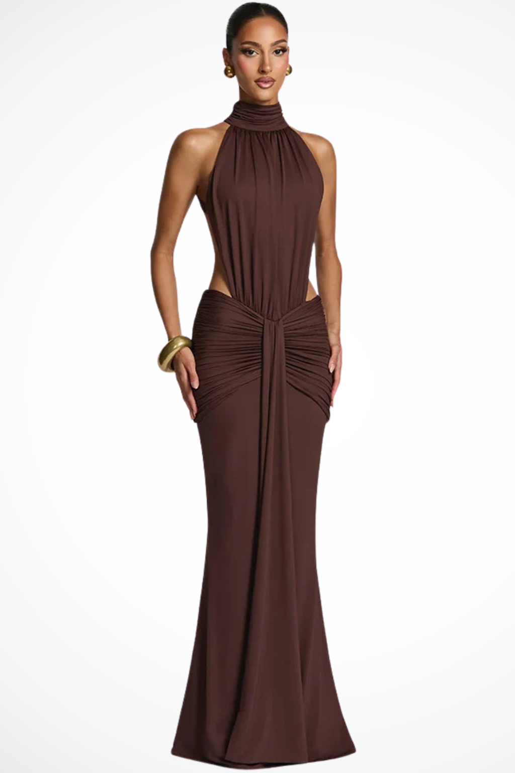 Women's Ruched Maxi Dress Backless Cut Out High Neck Sleeveless Formal Evening Dress