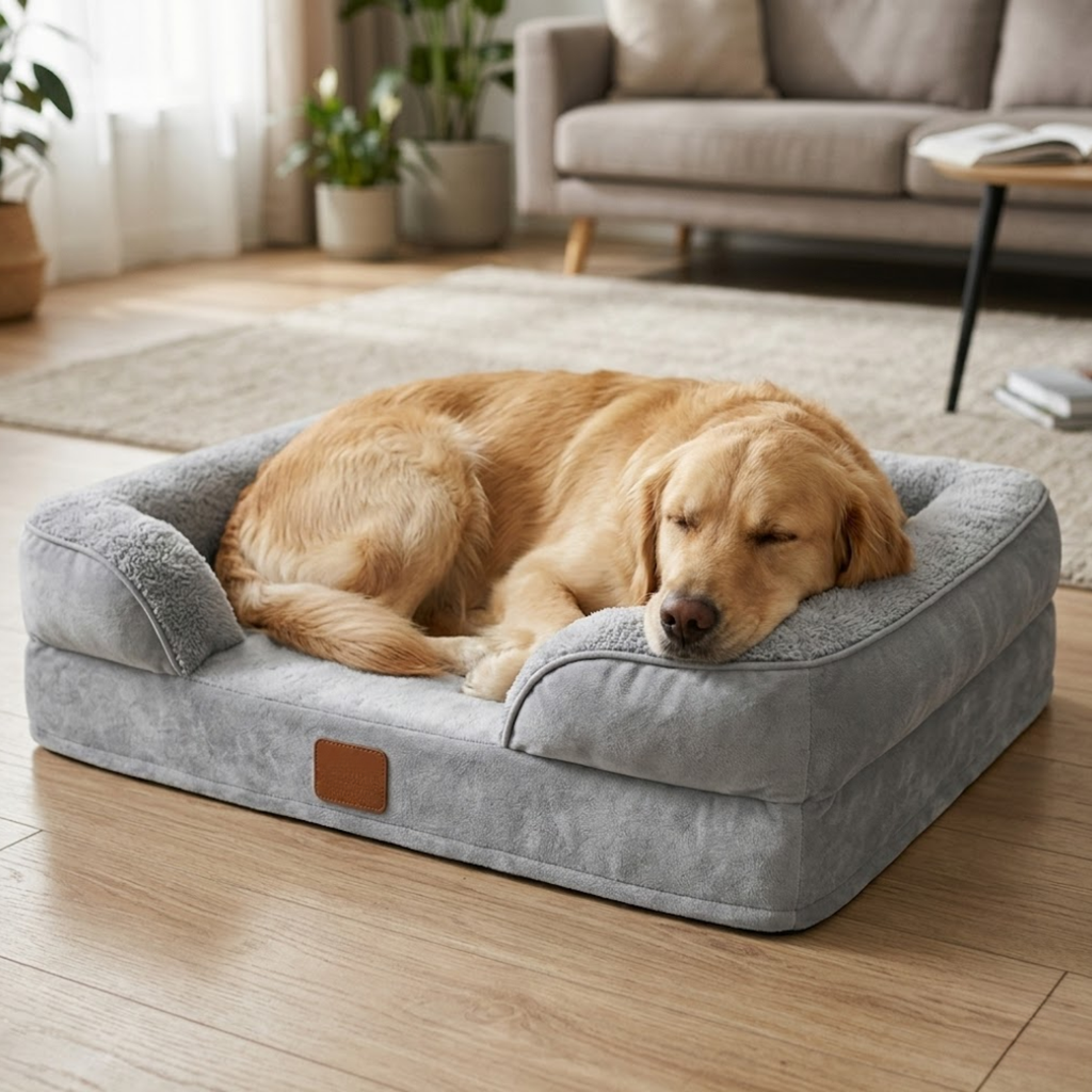 Memory Sponge Dog Bed with Removable Plush Cover and C-Type Armrest Pet Sofa Mat