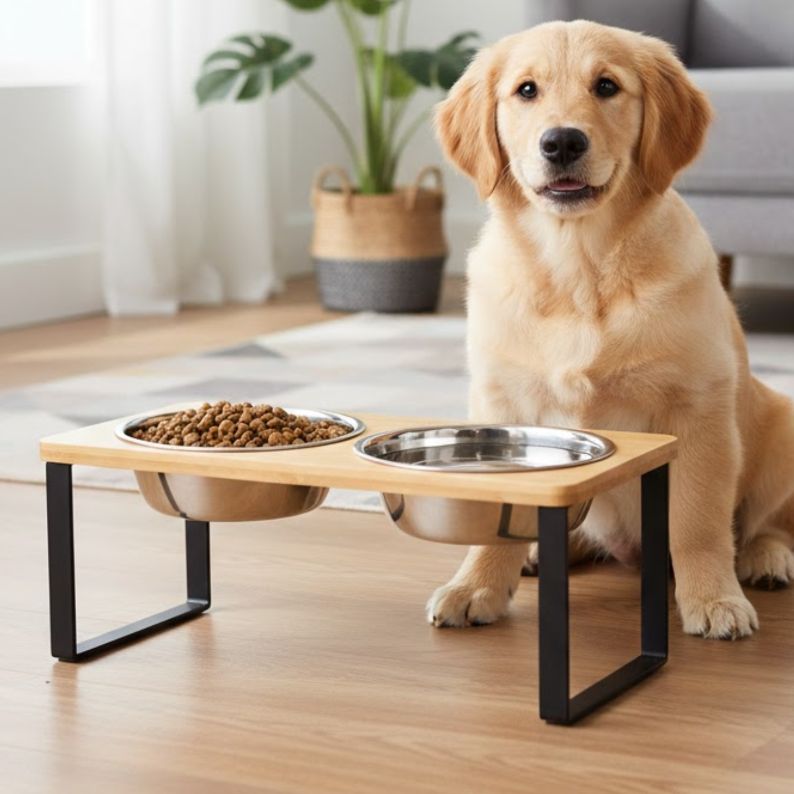 Elevated Dog Bowl Wooden Stand with Double Stainless Steel Bowls for Small Pets